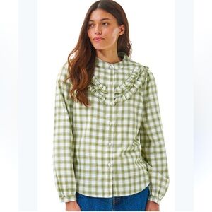 Ladies Barbour 100% Cotton Green and Cream Plaid Mersea Ruffle Size 6 Longsleeve